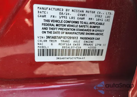 2014 Nissan Sentra из США, поврежденный, VIN 3N1AB7AP1EY291613